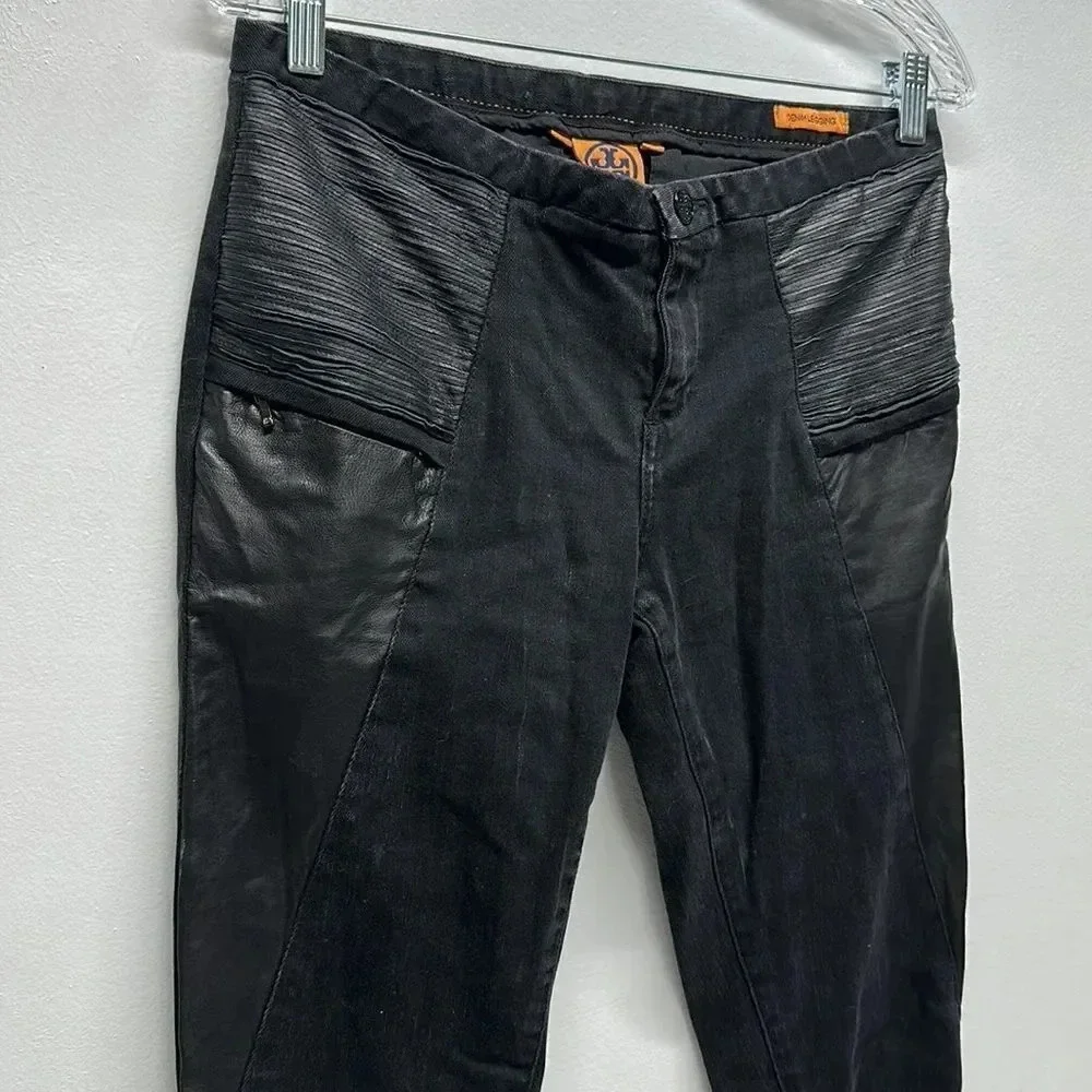 Tory Burch Denim Leggings Pants Jeans Low Rise Leather Trim Skinny Black Size 28